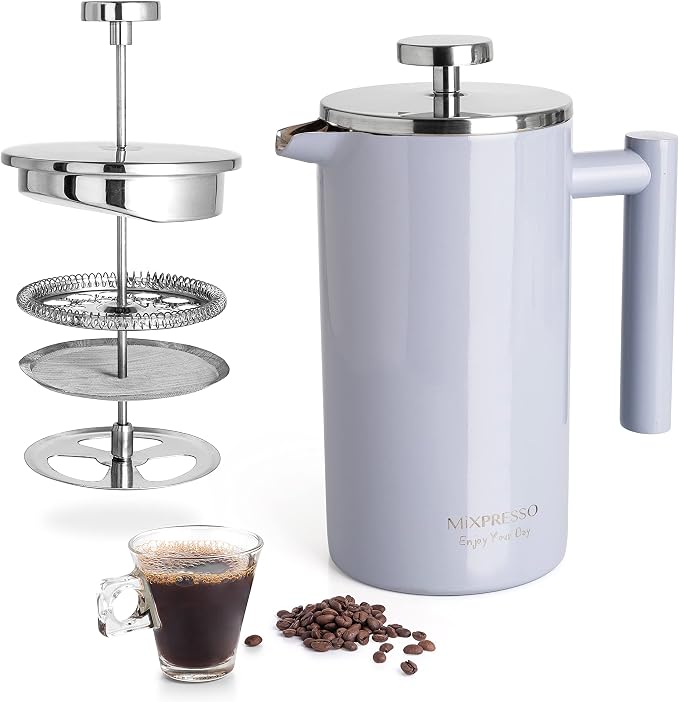 Mixpresso French Press Coffee Maker, 26 Oz Stainless Steel Coffee Press | Double wall insulated stainless steel French Press with durable filter for coffee or loose leaf tea, easy to press and clean