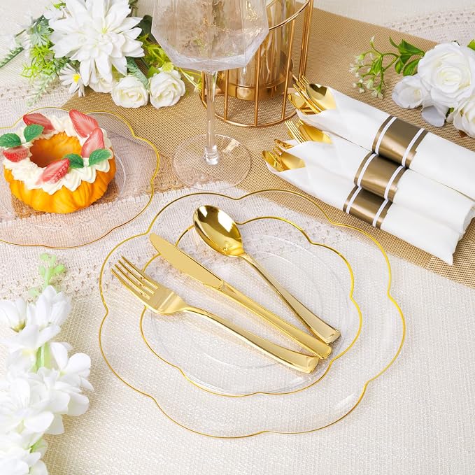 100 Pack Gold Plastic Silverware with Napkins Wrapped | Pre Rolled Silverware Set Disposable Wrapped Cutlery Set(100 Forks, 100 Spoons, 100 Knives) for Wedding & Party Supplies