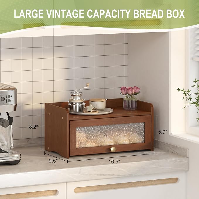 JANSNIMEN Vintage Bread Box for Kitchen Countertop, Bread Container Storage, Wooden Farmhouse Bread Box with Window Bread Holder (Vintage Brown)