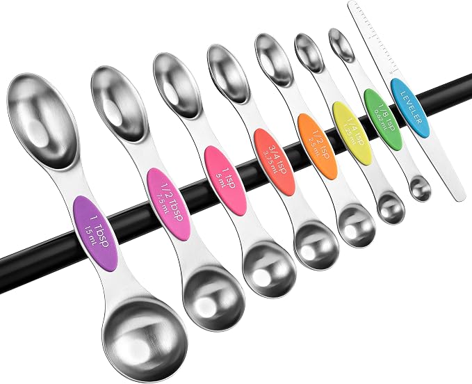 Spring Chef Stainless Steel Magnetic Measuring Spoons Set of 8, Neon | Dual Sided Metal Teaspoon & Tablespoon Measuring Spoons w/ Leveler for Dry & Liquid Ingredients, Fits in Kitchen Spice Jars