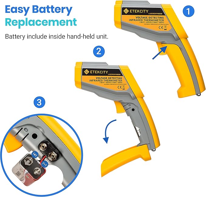 Etekcity Infrared Thermometer 1025D (Not for Human) Dual Laser Temperature Gun-58℉~1022℉ (-50℃~550℃) with Adjustable Emissivity, Non-Contact Voltage Tester (NCV), Standard Size, Yellow & Gray | Pizza Oven, Griddle, BBQ, Meat, HVAC, Engine, Electricians...