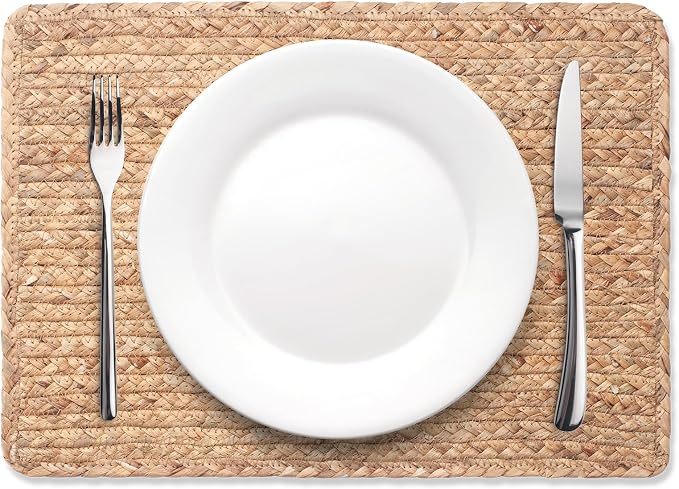 Woven Placemats Set of 6, 17" x 12" Rattan Table Mats, Natural Water Hyacinth Chargers for Dinner Plates, Wicker Placemats for Dining Table, Home, Wedding