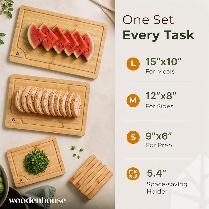 Bamboo Cutting Boards for Kitchen, Set of 3 with Holder & Juice Grooves | Thick & Durable with Built-in Handles, Large Surface – Easy to Clean for Meat, Veggies & Fruit