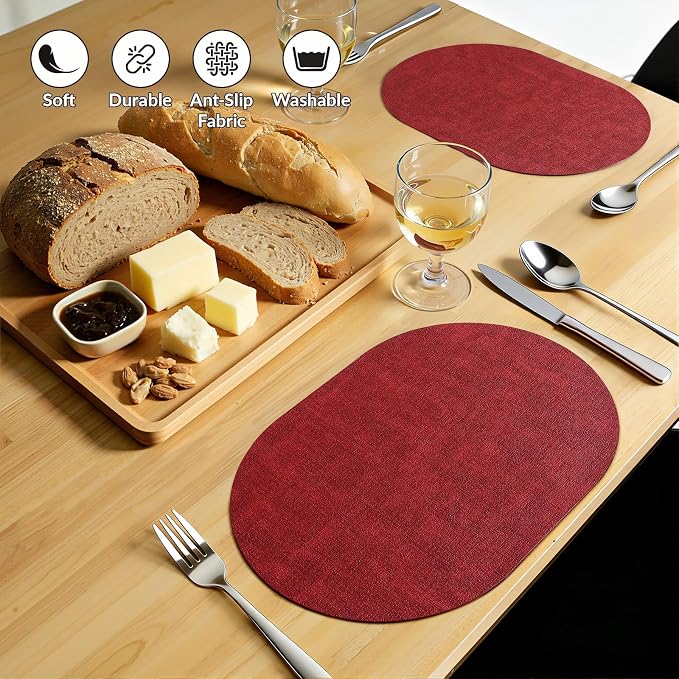 Placemats Set of 6, 11.8 x 17 Inch, Red | Heat Resistant Oval Faux Leather Place Mats, Waterproof Wipeable Reversible PU Placemat, Indoor & Outdoor