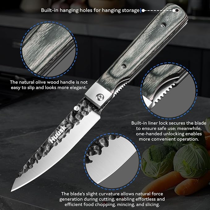Huusk Japanese Folding Fruit Knife - Pocket Paring Knife | Portable Kitchen Knives, Hand Forged Blade, Wooden Handle, Gift Box, For BBQ, for Camping and Travel