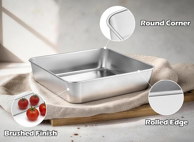 Leonyo Non-Toxic Stainless Steel 6x6 Square Cake Baking Pan, 2 Pack | Commercial-Grade Metal 6x6IN Square Baking Dish For Brownie, Cornbread, Banana Bread, Lemon Bars, Dishwasher Safe