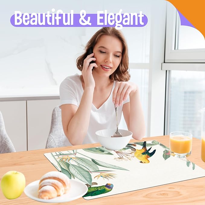 6 Pack Elegant Placemats, Non-Slip Washable, Reusable Placemat - Plants, Flowers Birds, Nature Theme Placemats for Home, Office, Restaurant, Dining Table, Adults, Kids,
