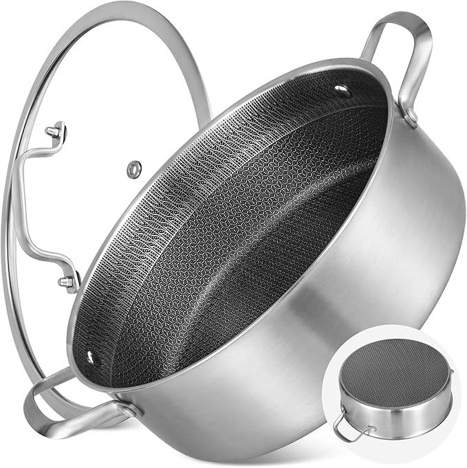 LOLYKITCH 7 QT Large Deep Frying Pan with Lid | 12 Inch | Riveted Handles | Ceramic Nonstick | Tri-Ply Stainless Steel Skillet | Saute Pan | Hybrid Cookware | Oven & Induction Ready | 6-8 Servings