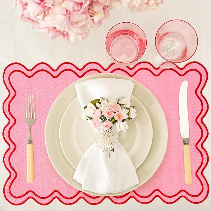 Whaline Pink Red Placemats Embroidered Scalloped Kitchen Place Mats for Wedding Baby Shower Party Home Dining Table Decor, Set of 6, 13 x 19 in