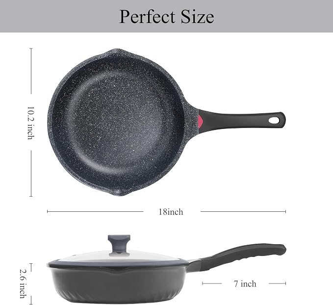 Vinchef 11 Inch/5QT Durable Deep Nonstick Skillet with Lid, Black | deep frying pan,heat indicator.Anti-scratch, anti-stain, induction-compatible, easy clean, ideal for sautéing & frying.
