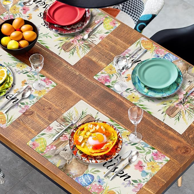 He is Risen Easter Placemats Set of 4 12x18 Inch Bunny Floral Cross Table Mats Spring Rabbit Flowers Eggs Place Mat for Dining Table Party Kitchen Decoration