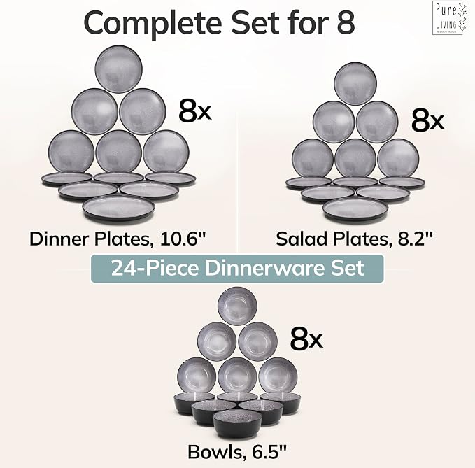 24 Piece Stoneware Dinnerware Set for 8 - Handmade Reactive Glaze Plates and Bowls Set - Lead & Cadmium Free - Chip & Scratch Resistant - Dishwasher Microwave Safe - Dark Gray