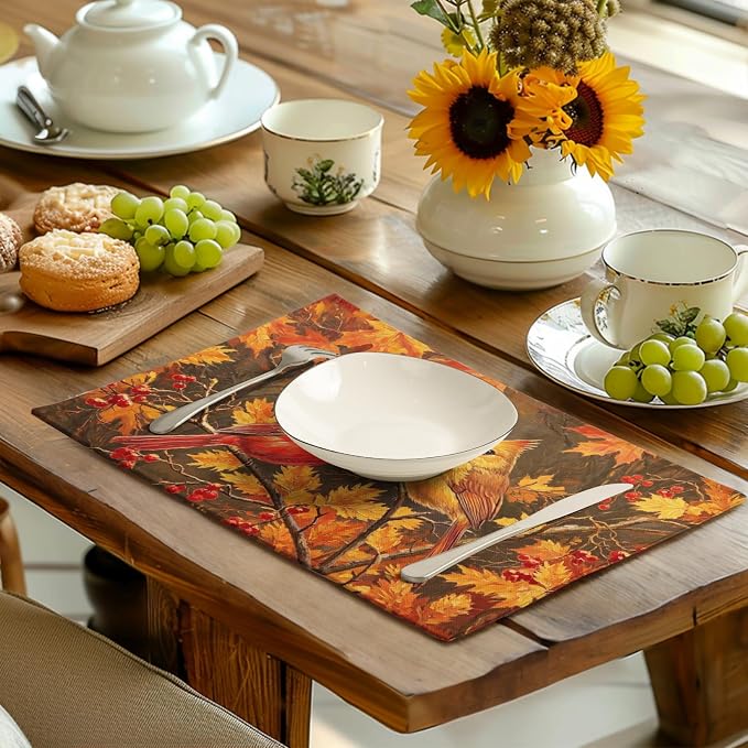 Maple Leaf Birds Fall Placemats Set of 4 Rustic Autumn Colored Maple Forest Tree Place Mat Seasonal Thanksgiving Harvest Table Mats for Party Kitchen Dining Outdoor Indoor Decor
