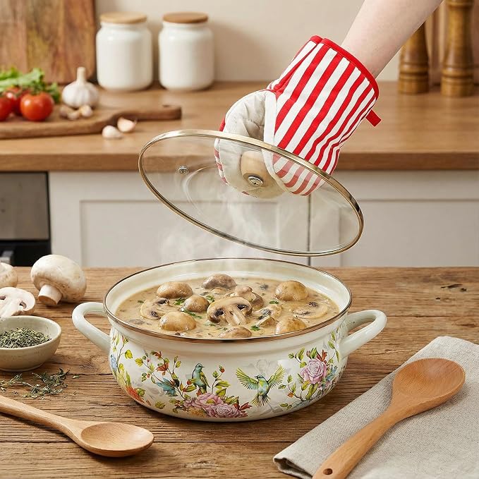 Elsjoy 4.2 Quart Vintage Enamel Stock Pot with Lid and Handle, Floral Cooking Pot Large Kitchen Simmer Pot, Vintage Enamelware for Induction Cooktop, Gas Stove