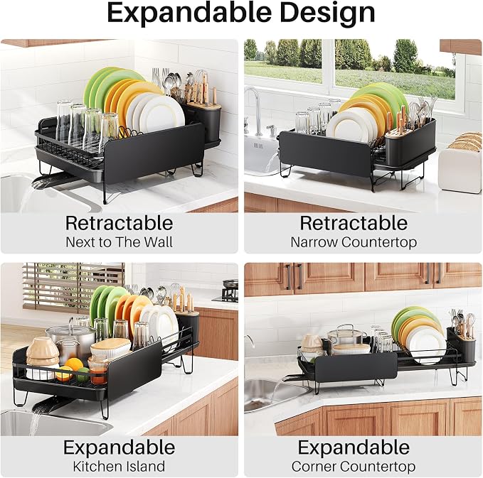 SNTD Large Dish Drying Rack for Kitchen Counter, Expandable, Black | Stainless Steel Dish Drainer, Adjustable Length 18.9''-29.3'', Automatic Drainage, 360° Spout, Cutlery Holder with Knife Slot