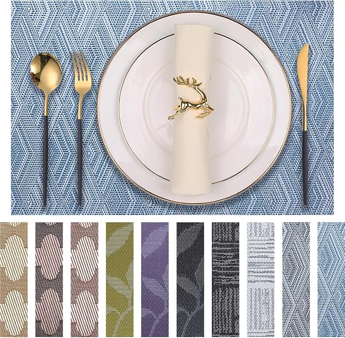 Druable Placemats Set of 4, Plastic Heat-Resistant Non-Slip Vinyl Place Mats Washable Easy to Clean Indoor Outdoor (18"x12", Blue)