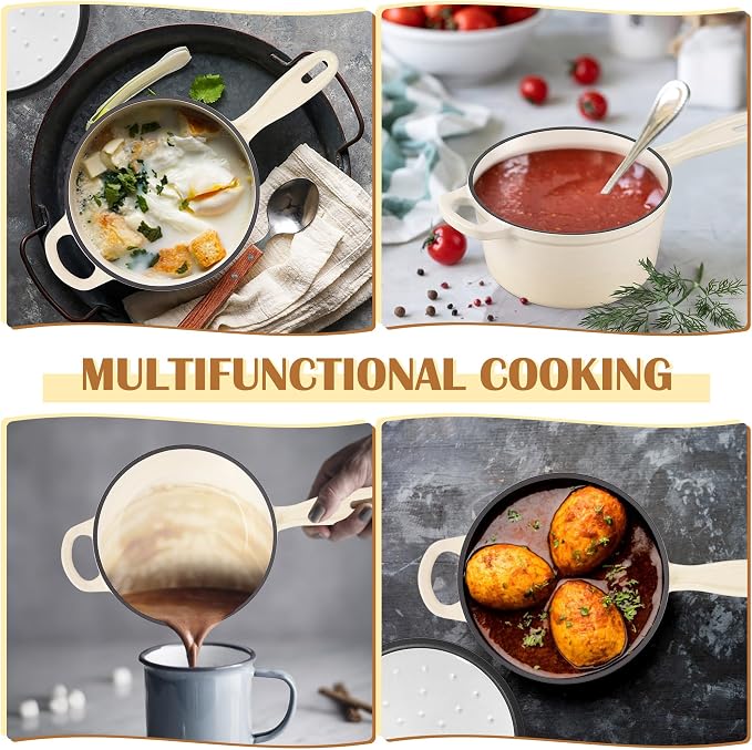 E-far Enameled Cast Iron Sauce Pan with Lid, 1 Quart Dutch Oven Saucepan, Mini Sauce Pot for Cooking, Boiling, Healthy & Non Toxic, Induction & Oven Safe, Cream