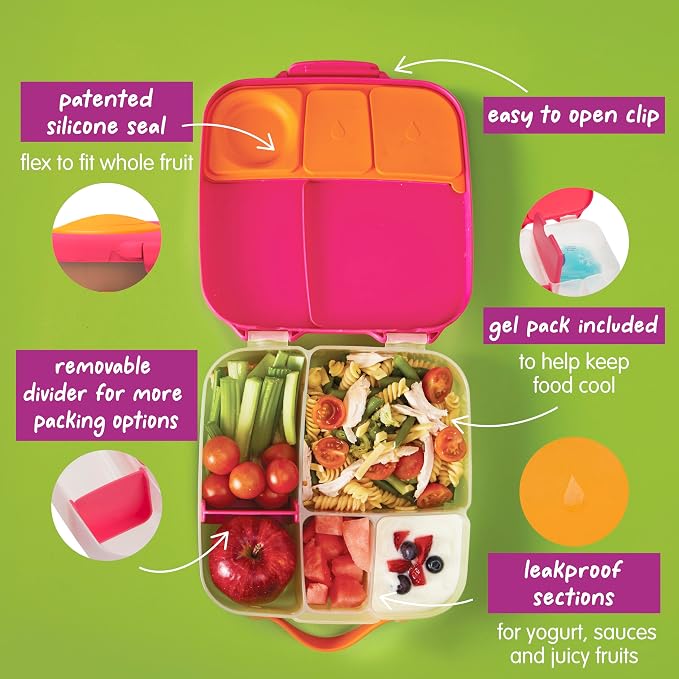 b.box Lunch Box, 8.5 Cup Bento Box for All Ages, Snack Box Food Containers | Lunch Box Kids + Adults, Lunch Containers, 4 Compartments, Leak Proof, Dishwasher Safe, BPA Free, PFAS Free—Strawberry Shake