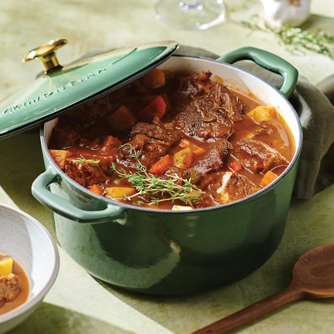 Tramontina Bestow Enameled Cast Iron 5.5-Qt Round Dutch Oven Pot with Lid | Great for Braising, Roasting and Bread Baking - Cactus with Gold Knob