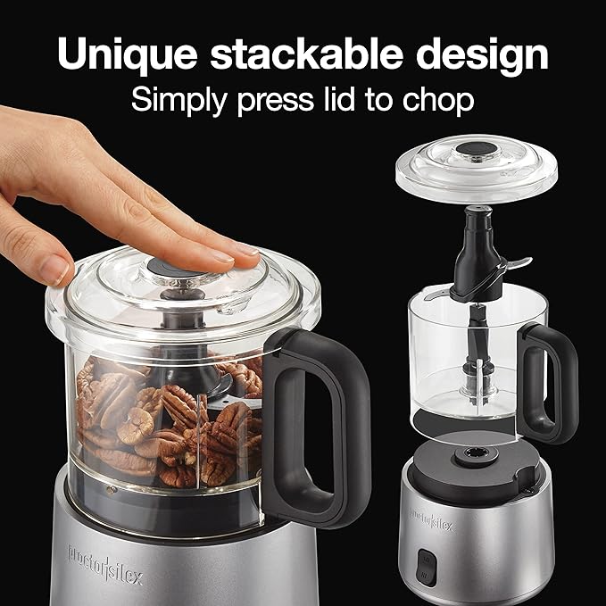 Proctor Silex Durable Electric Vegetable Chopper & Mini Food Processor | 3.5 Cup Bowl | 2 Speeds For Chopping, Puree & Emulsify | Stacking Design For Easy-Assembly | 350 Watts | Silver | 72870