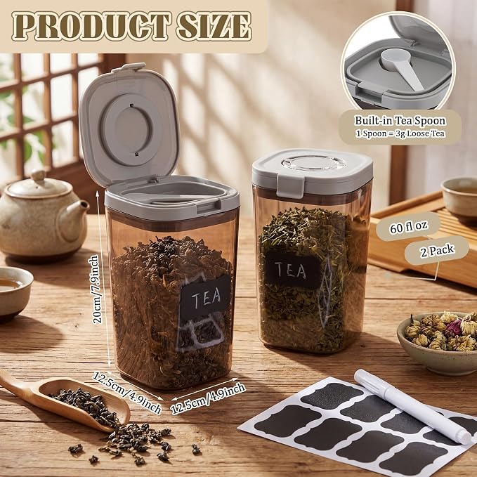 2 Pack 60oz Airtight Coffee Canisters Light Blocking Tea Storage Containers with Scoop, Airtight Food Jars for Loose Leaf Tea, Sugar, Formula, Coffee Bean, with Chalk Marker & 8 Stickers