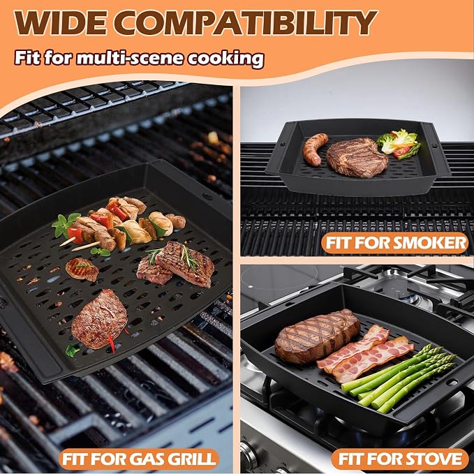 15"x12" Cast Iron Grill Basket for Outdoor Grills, Fish Veggie Grill Pan Tray, BBQ Grilling Pans Tray for Weber, Napoleon, Char-Broil, Royal Gourmet and Most Charcoal Smoker & Gas Grill