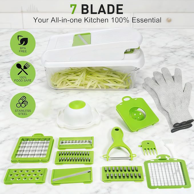 7 Blades Adjustable Mandoline Slicer, Multifunctional Veggie & Fruit Cutter | Features 7 stainless steel blades for multi cutting modes. Built-in safety guard, compact for daily vegetable and fruit prep.