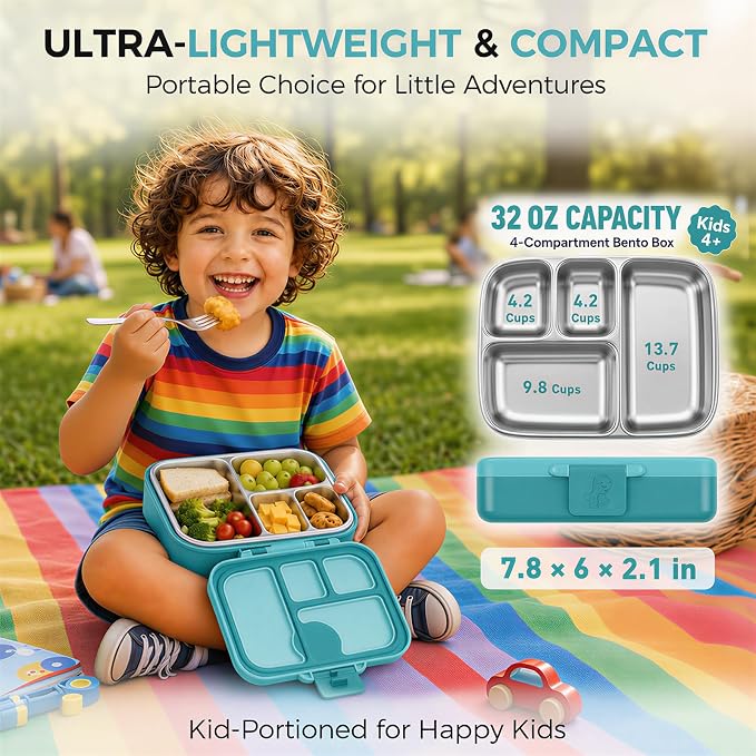 Kids Stainless Steel Bento Lunch Box, 4 Compartments | Leak-Resistant 4 Cups Lunch Container for Ages 4+ with Easy-Open Latch, Removable Seal & Meal Feedback Icon