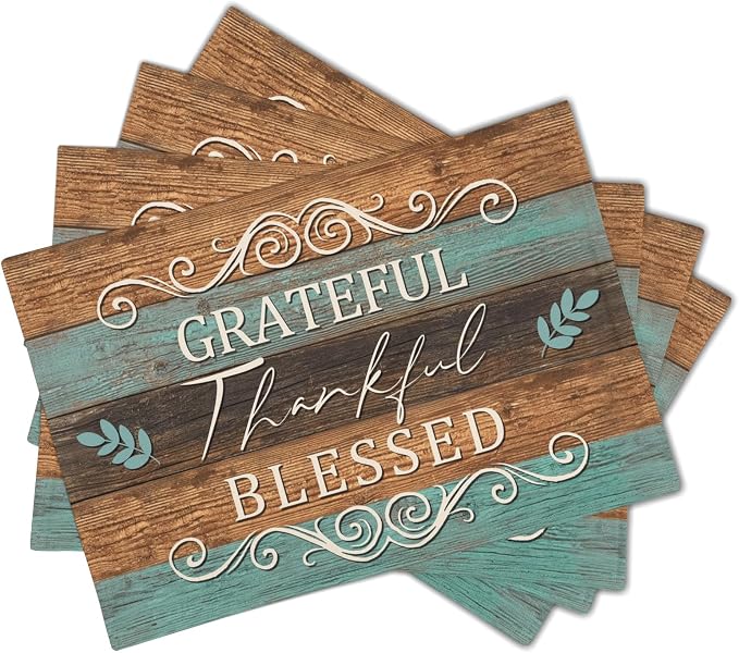 Thankful Placemats Set of 6 18x12 Inch Grateful Blessed Linen Place Mats Heat-Resistant Washable Wipeable Farmhouse Table Mat for Party Kitchen Dining Room Dinner Table Decor