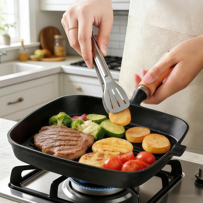 Cast Iron Grill Pan 9 Inch Griddle Pan Skillet with Kitchen Tong & Brush for Steak Searing