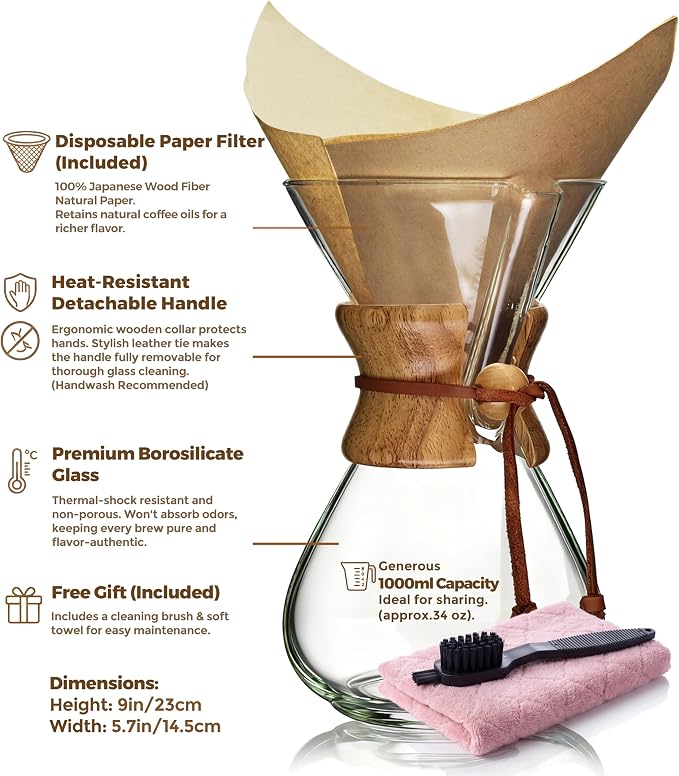 AGOGO Pour Over Coffee Maker Set, 34oz Classic Style, 50 Paper Filters | Barista kit for home kitchen, Cafe, Camping & Office; 20oz-40oz Classic, Slim, Diamond styles; Includes brush & towel.
