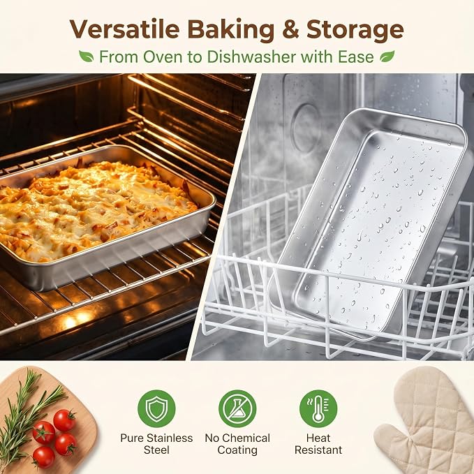 E-far Small Stainless Steel Baking Pan with Lid, 9.4 x 7 x 2 Inch for Cake | Toaster Oven Rectangle Sheet Cake Pans with Cover for Brownies Casseroles, Non-toxic & Heavy Duty, Dishwasher Safe - Set of 2