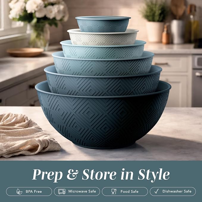 COOK WITH COLOR Mixing Bowls with Lids - 12 Piece Plastic Nesting Bowls Set includes 6 Prep Bowls and 6 Lids, Microwave Safe Mixing Bowl Set, Blue Rhombus