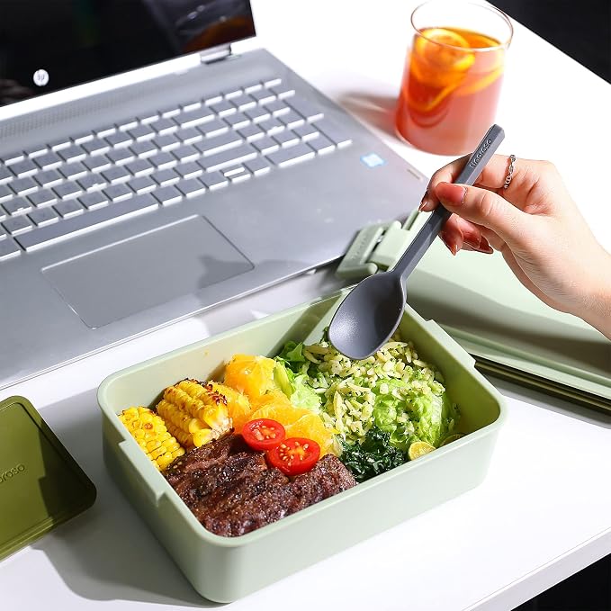 Stackable 2-Tier Adult Bento Box, 4 Compartments - Pale Mint | leakproof bento lunch box with fork & spoon + sauce cups, microwave/dishwasher safe, perfect for office, school & daily meals