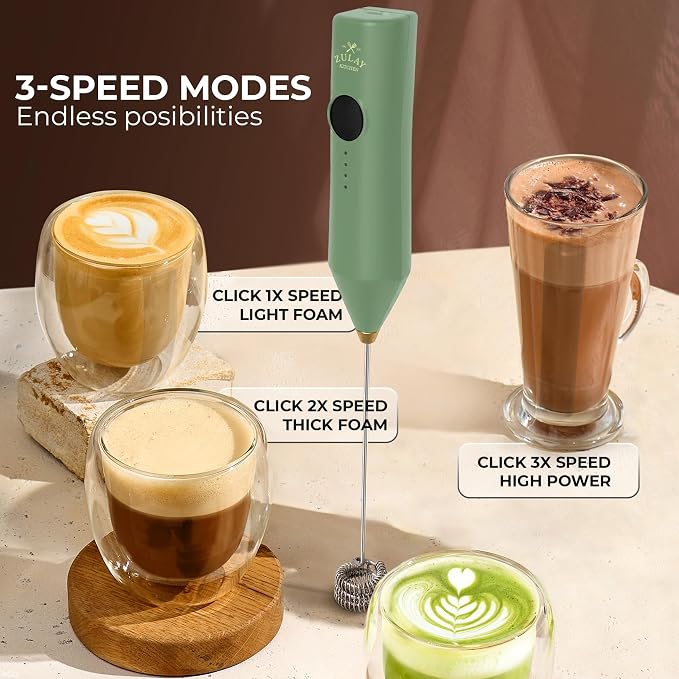 Zulay Kitchen Rechargeable Milk Frother Handheld - Frother Wand, Drink Mixer, Electric Whisk Frother, for Cappuccinos, Matcha & Protein Powder - Dynamic Triple Whisk, 3 Speed 500mAh Forrest Green Gold