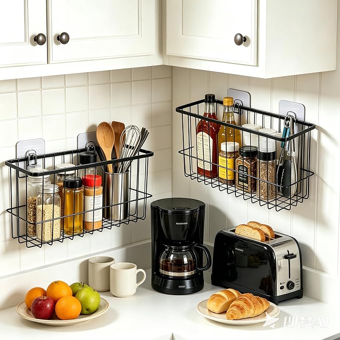 2 Pack Cabinet Door Organizer, Adhesive Wall Mounted Storage Basket for Food Container & Tumbler Lids, Kitchen Storage Organizer for Inside Cabinet Doors, Pantry, Bathroom, Refrigerator & RV