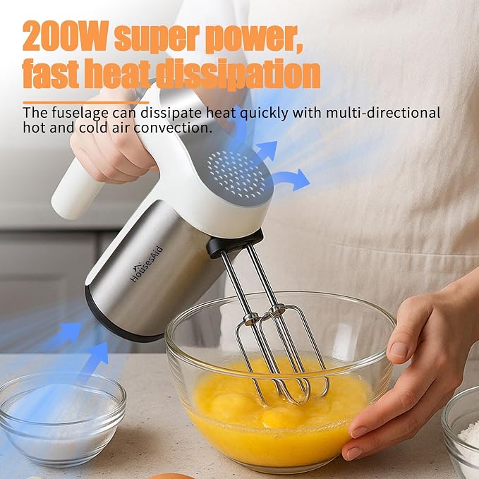 200W Hand Mixer, Lightweight Electric Mixer with Turbo Function, 5-Speed Handheld Mixer for Whipping, Folding, and Dough Kneading, Compact Storage with Attachments (white)