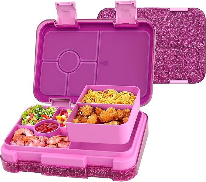 Bento Lunch Box for Kids, 5/6 Compartments, Shiny Rose | 5/6 Compartments, 3 Cups BPA Free, Dishwasher Safe, for Kids, Back to School, On-the-Go Meal, Ages 3+, School