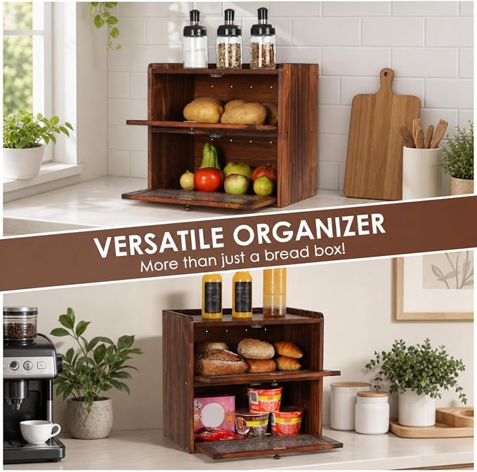 Sunhoo Bread Box for Kitchen Countertop, Large Pine Wood Breadbox, Brown | Farmhouse Pantry Container, Double Layer Storage, Fresh Homemade Sourdough Bin, Vintage Textured Acrylic Door, Easy Assembly