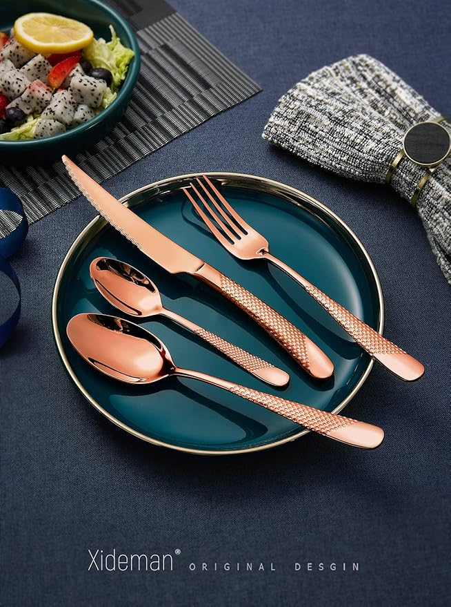 16-Pc Modern Copper Hammered 18/10 Stainless Steel Silverware Set | Ultra Sharp 2-IN-1 Serrated Knives, Ergonomic Non-Slip Handles, Service for 4, Rust Resistant, Dishwasher Safe