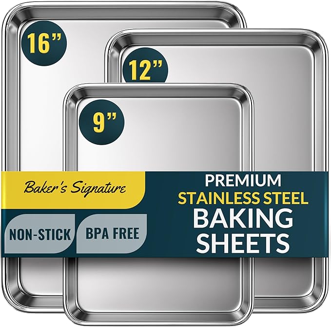 Stainless Steel Cookie Sheet Set of 3, 9/12/16" Baking Sheet Pans | Baking Set of 3, Mirror Finish, Non-Stick, Rust Resistant, BPA Free, Dishwasher Safe, 9/12/16"