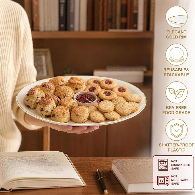 6Pcs Ivory and Gold Plastic Platters - 10’’ x 12’’ Elegant Ivory Oval Disposable Plates - Heavy Duty Serving Trays for Parties/Weddings/BBQ/Picnic/Dinner Party