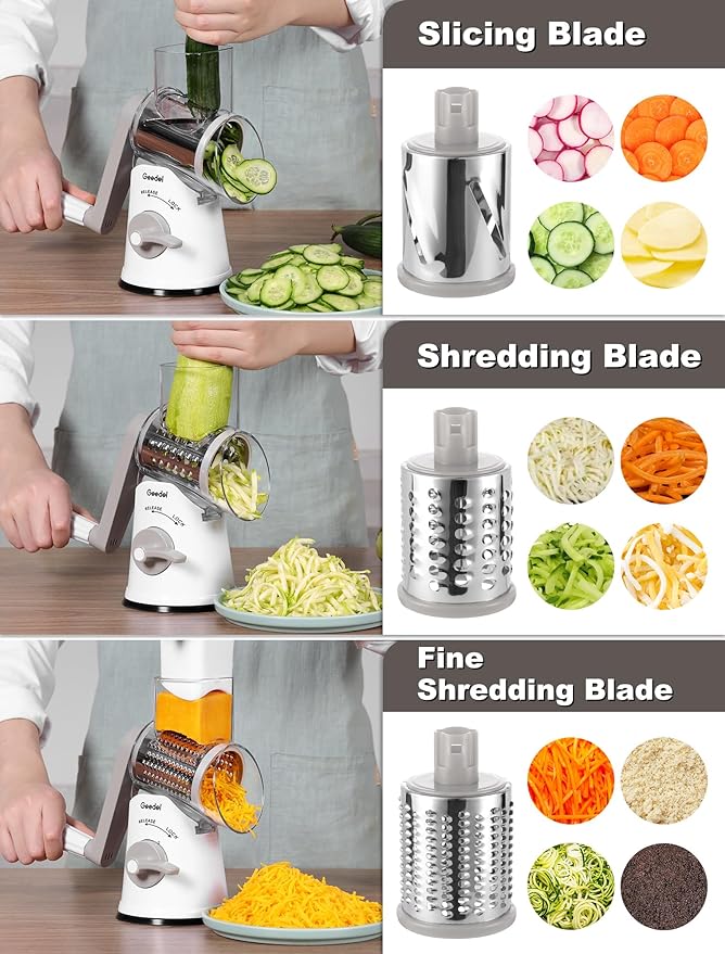 Geedel Upgraded Rotary Cheese Grater, 5 in 1 Cheese Shredder Veggie Slicer | Non-slip Suction Base, 430 Stainless Steel, No BPA, Dishwasher Safe, for Cheese Shredding, Wavy Slicing, Ice Shaving