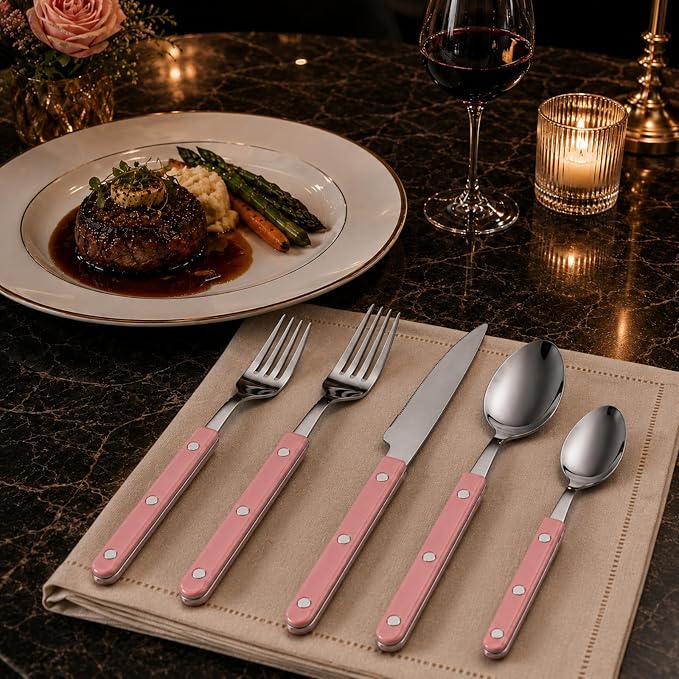 Khen Cutlery Set of 20 Pieces, 18/8 Stainless Steel Flatware, Modern Silverware for Home, Kitchen, Dining & Table Setting for 4, Dishwasher Safe, Lightweight & Ergonomic Design Gift - Pink