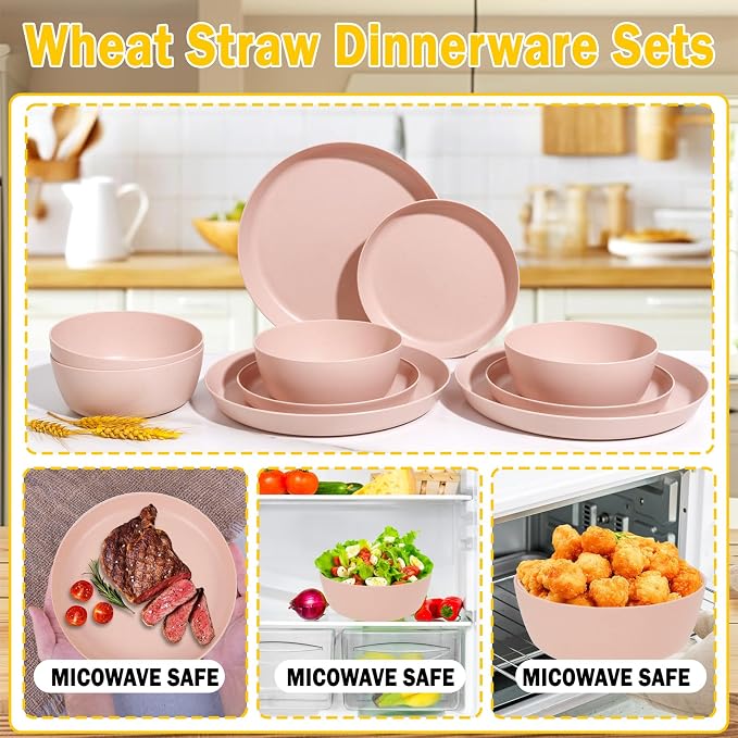 EjonirInjonir 12pcs Pink Wheat Straw Dinnerware Set for Family/Dorm | Eco-Friendly,Reusable Pink Dishes & Wheat Straw Plates.Deep Plates and Bowls Sets for Family Picnic, RV, and Camping.