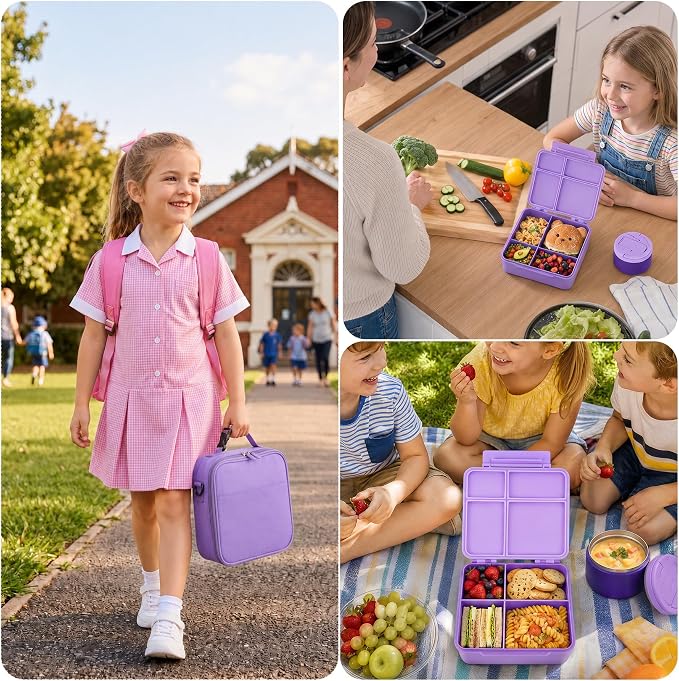 Bento Lunch Box Set with 8 oz Soup Thermo, Kids Leakproof 4 Compartments Hot Food Container with Sauce Cup, Ice Pack and Lunch Bag, Child Insulated Food Jar for School - Purple