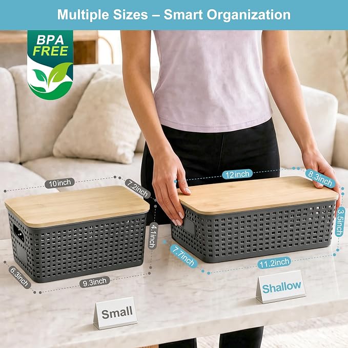 4 Pack Plastic Storage Bins with Bamboo Lids, 6.2qt Stackable Storage Organizer Box with Lable for Pantry Shelves Drawers Desktop Office, 12"L x 8.3"W x 3.5"H, Gray