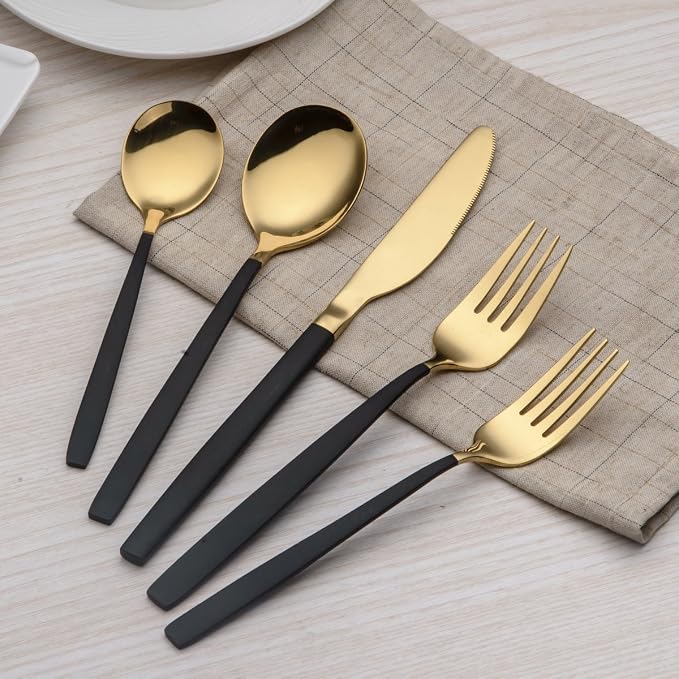 Berglander 20 Piece Titanium Black And Golden Plated Stainless Steel Flatware Set, Handle With Mouth Silverware Set And Cutlery Set Service for 4 (Shiny Black,Shiny Golden)