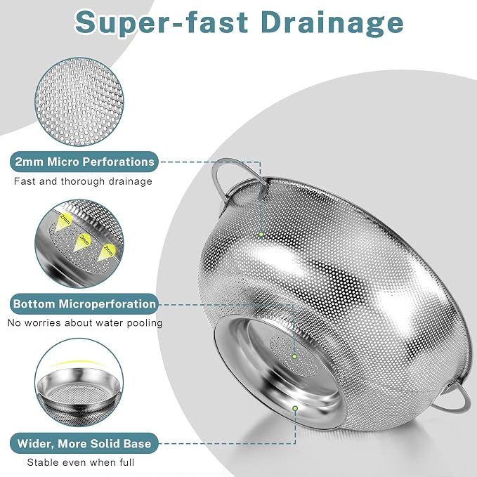 Pleafind Colander for Kitchen - 5 QT & 3 QT Stainless Steel Strainer with Handle, Kitchen Strainer Colanders Bowl for Pasta, Noodles, Spaghetti, Vegetables and Fruits, Rust-Resistant & Dishwasher Safe