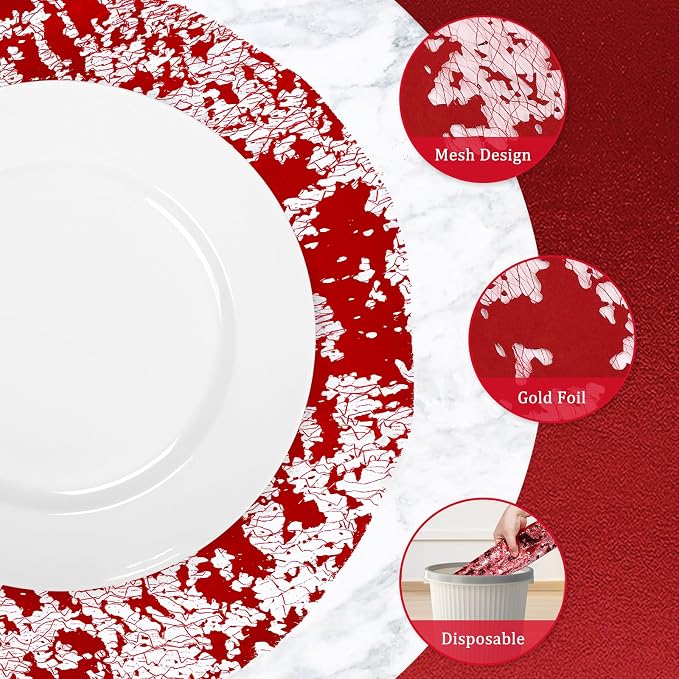 comfoyar Disposable Red Placemats Set of 50, Metallic Round 13 Inch Foil Mesh Pressed Doilies Place Mats, Table Mats for Dining Party Weddings Birthday Holiday Kitchen Home, Tableware Decoration